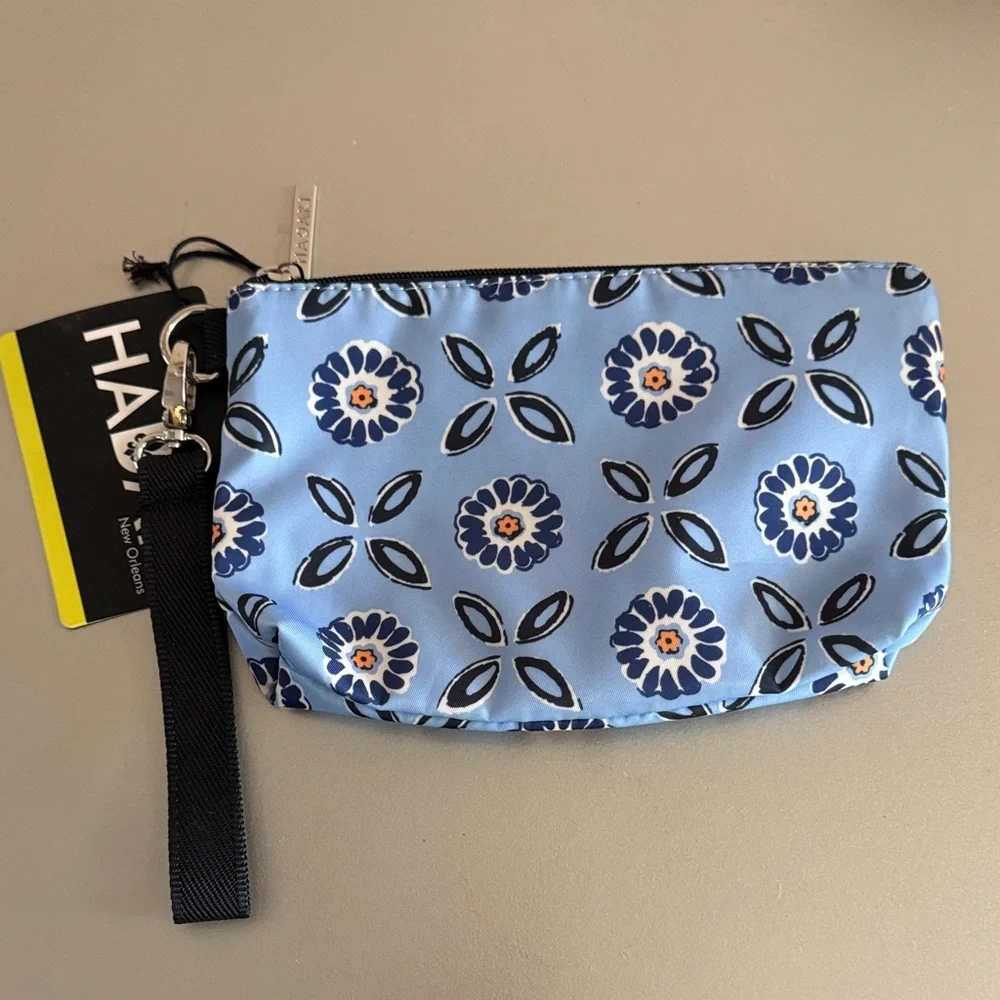 Haakii Light Blue Floral Wristlet Clutch with Striped Trim